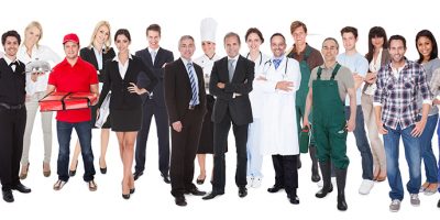 Full length of people with different occupations standing against white background